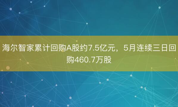 海尔智家累计回购A股约7.5亿元，5月连续三日回购460.7万股